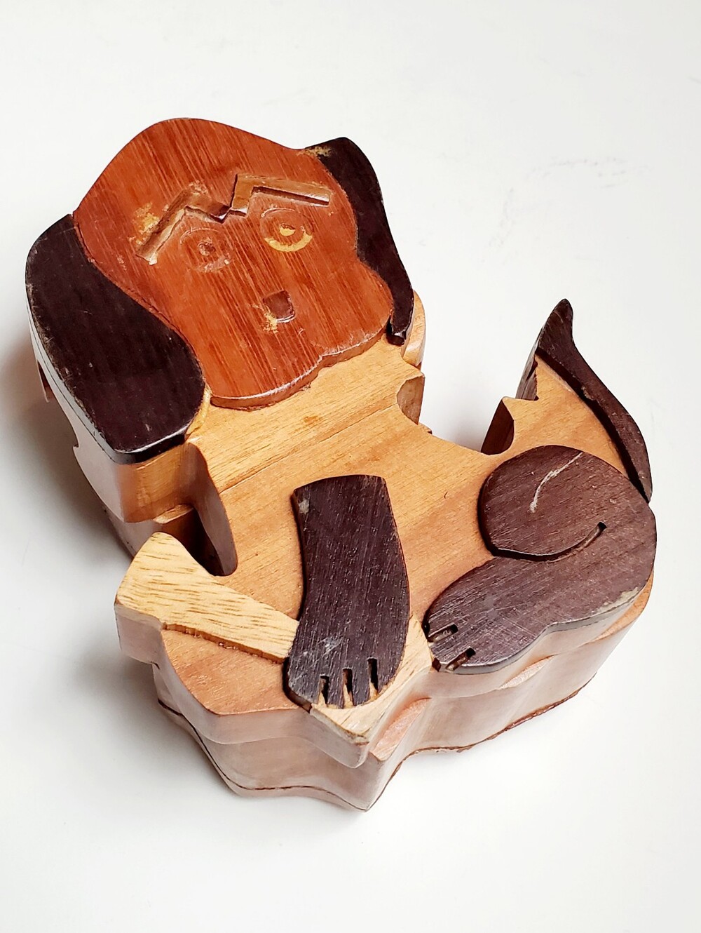 Vintage Handcrafted Trinket Wood Puzzle Keepsake Dog Box
